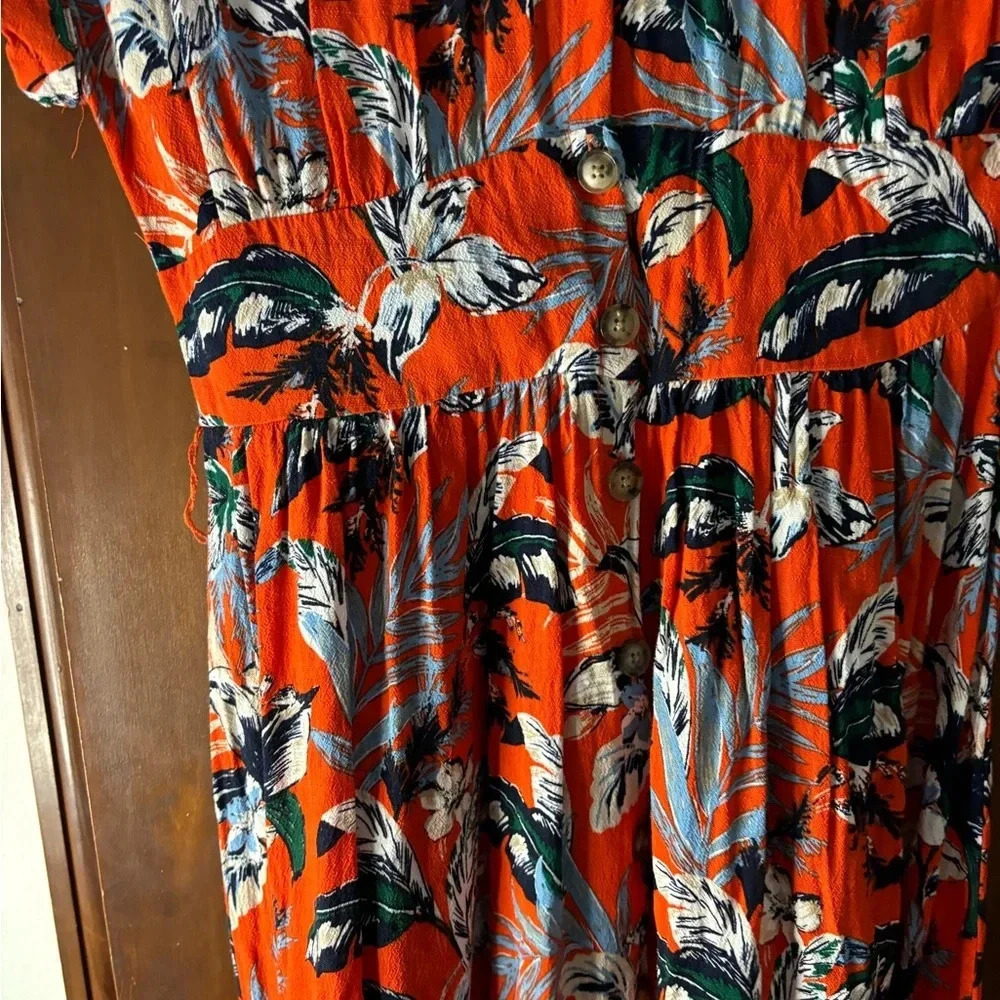 LOFT Midi Dress Red Floral Tropical Fit Flare 2p missing belt but still cute - Picture 6 of 9